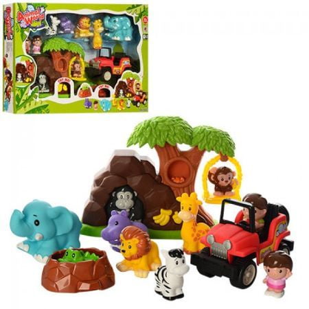 PINTOY WOODEN SAFARI JUNGLE PLAYSET INC JEEP 3 FIGURES & ALL ANIMALS SHOWN